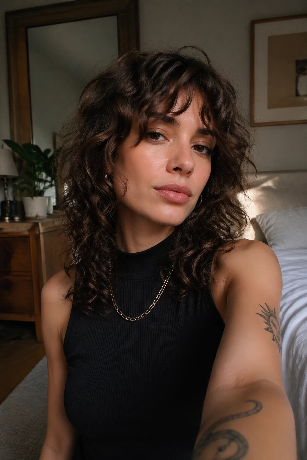 Mirror selfie showing curly shag with curtain bangs.