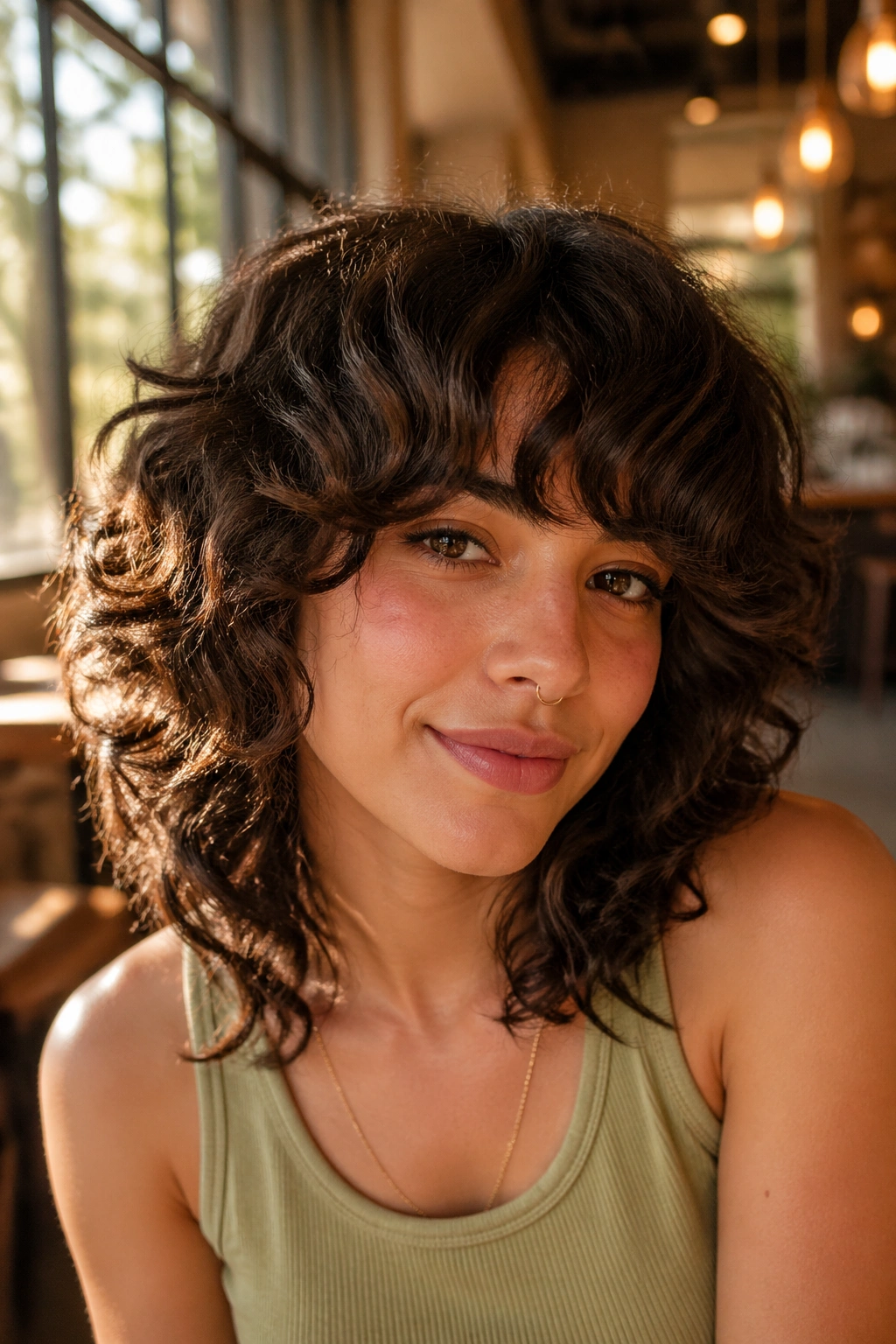 Close-up of a real woman with curly shag haircut and side-swept bangs.