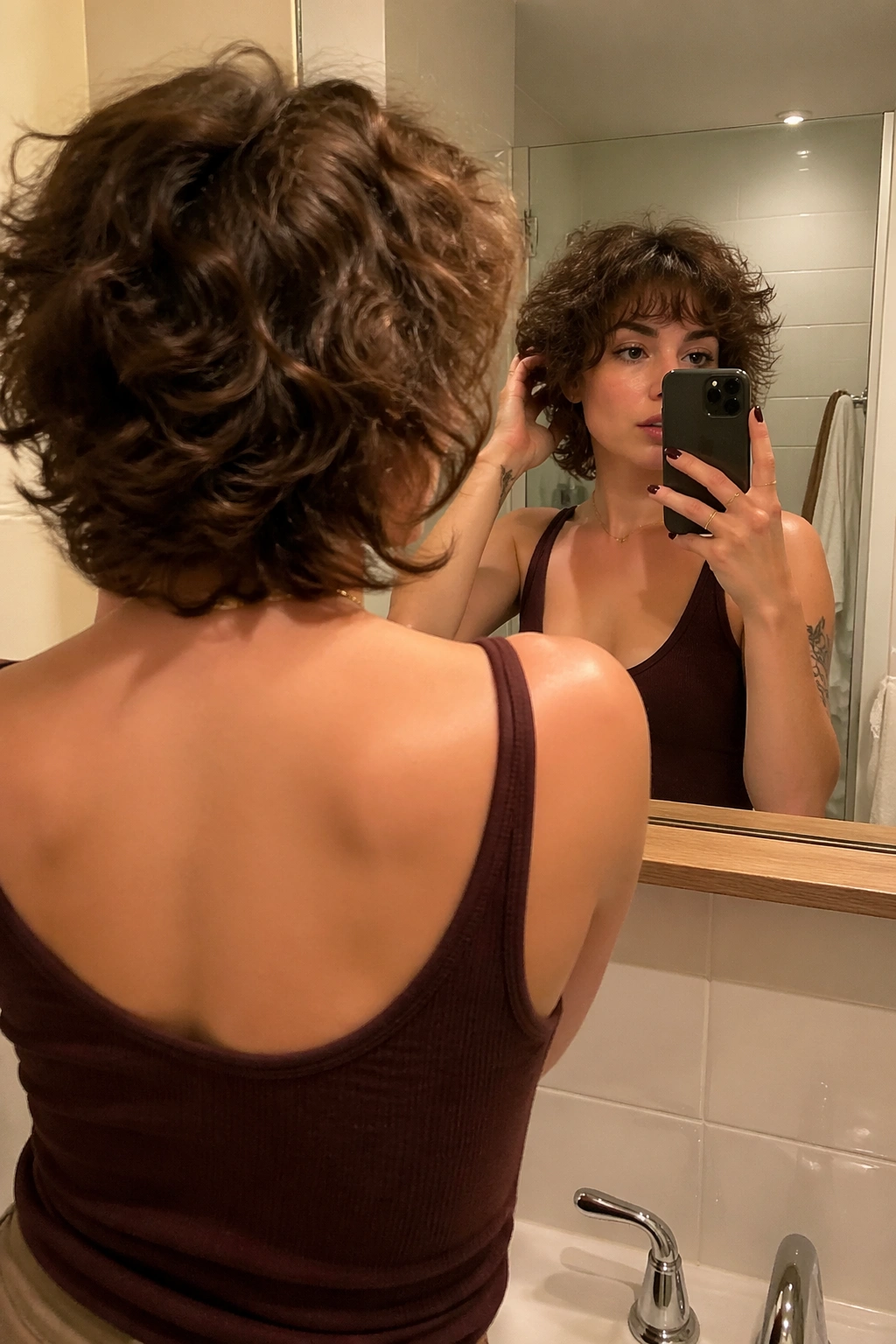 Curly shag bob viewed in a bathroom mirror from over-the-shoulder POV.