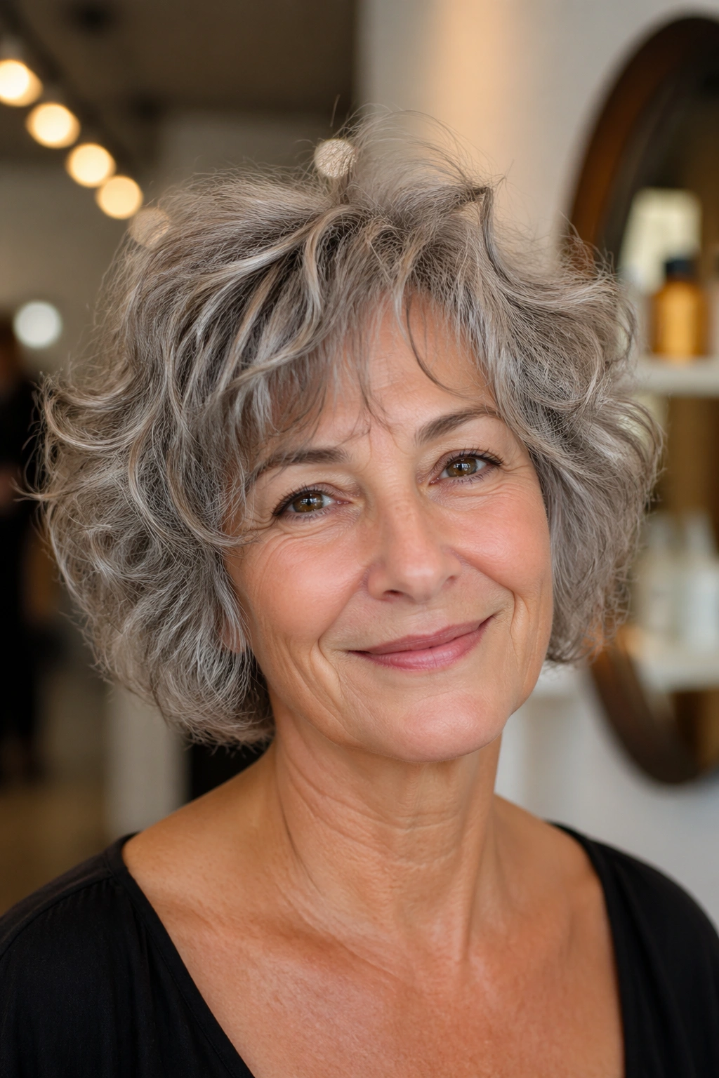 Close-up portrait of a woman with a chin-length curly shag in a softly lit salon