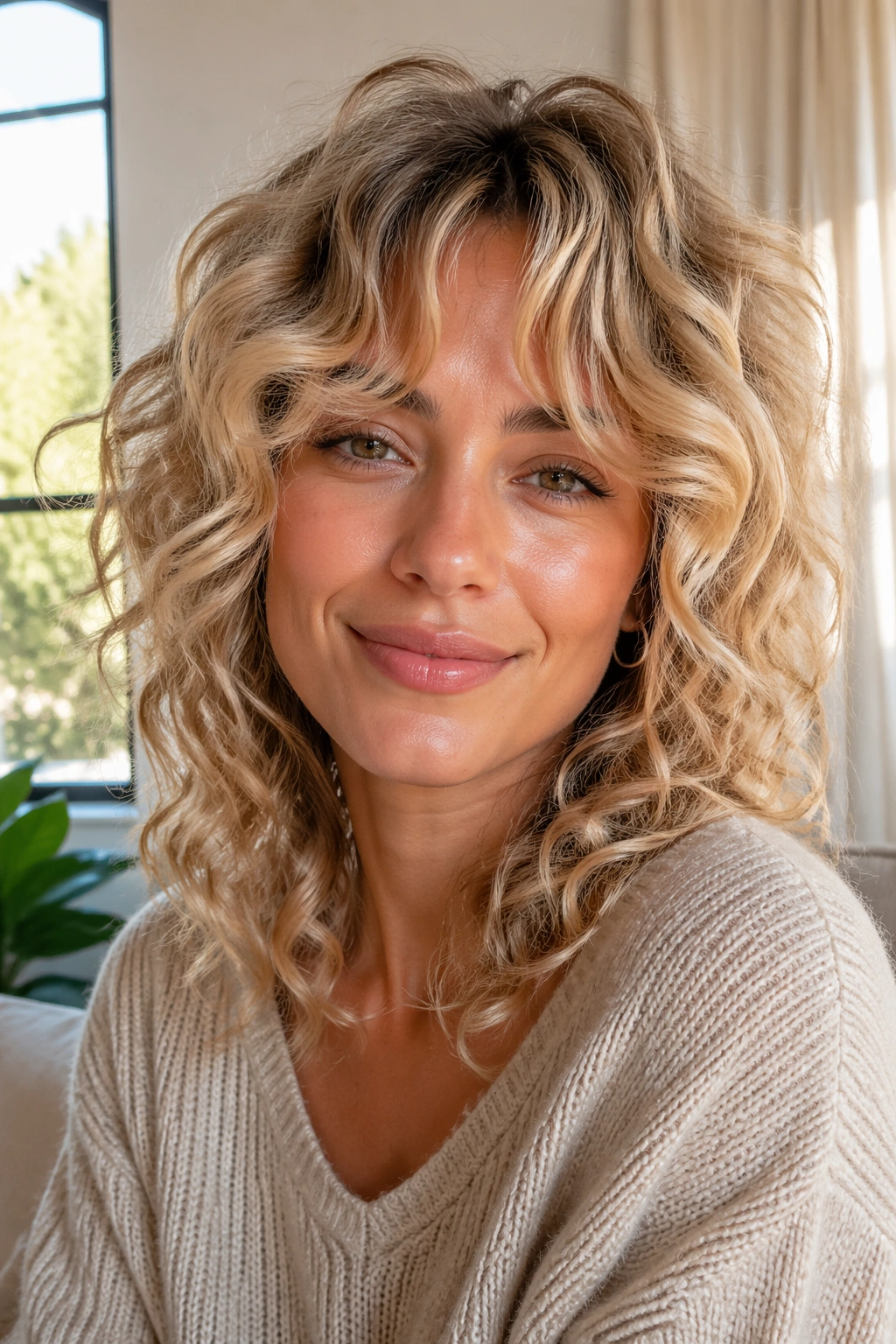 Close-up of a real woman with curly shag and curtain bangs, blonde highlights.
