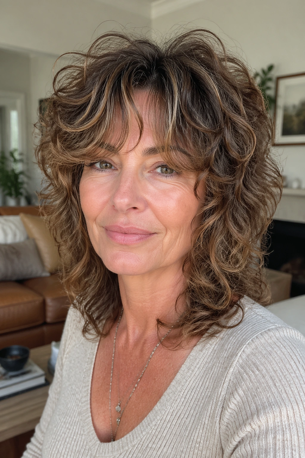 Portrait of a real woman with curly shag and curtain bangs indoors by window light