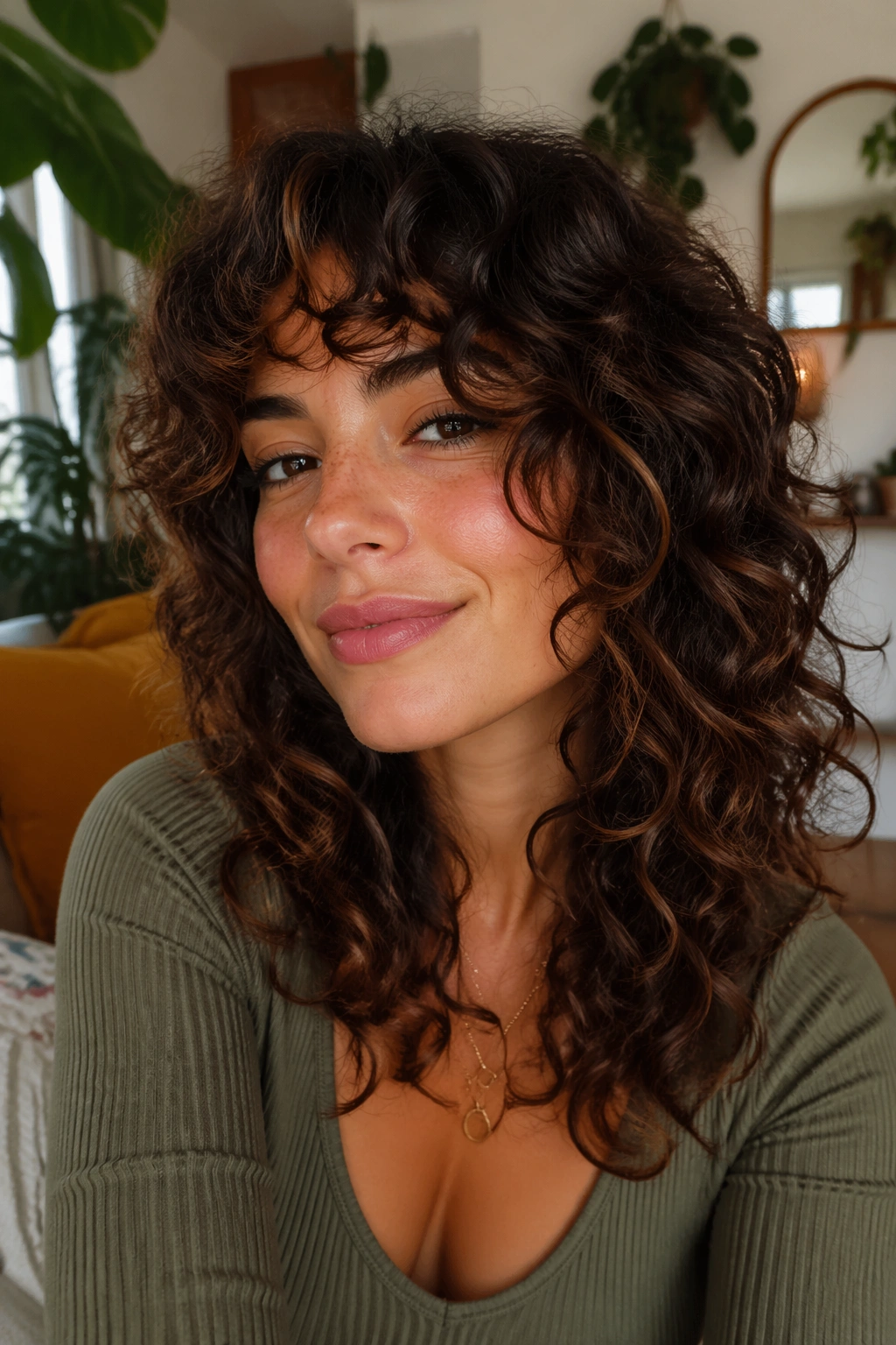 Close-up of a real woman showing curly shag with face-framing layers
