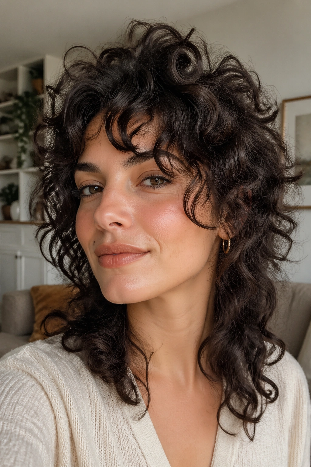 Close-up of a real person with curly shag and face-framing layers in natural light