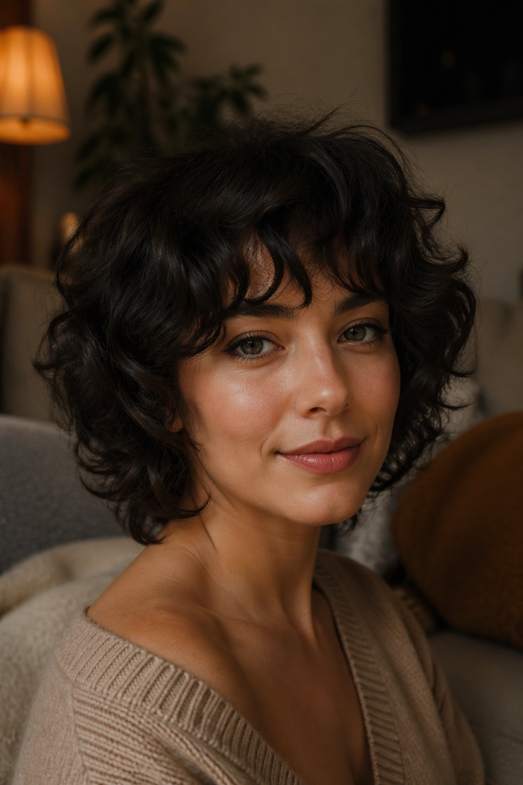 Close-up of a real person wearing a curly shag wig with fringe and layered texture