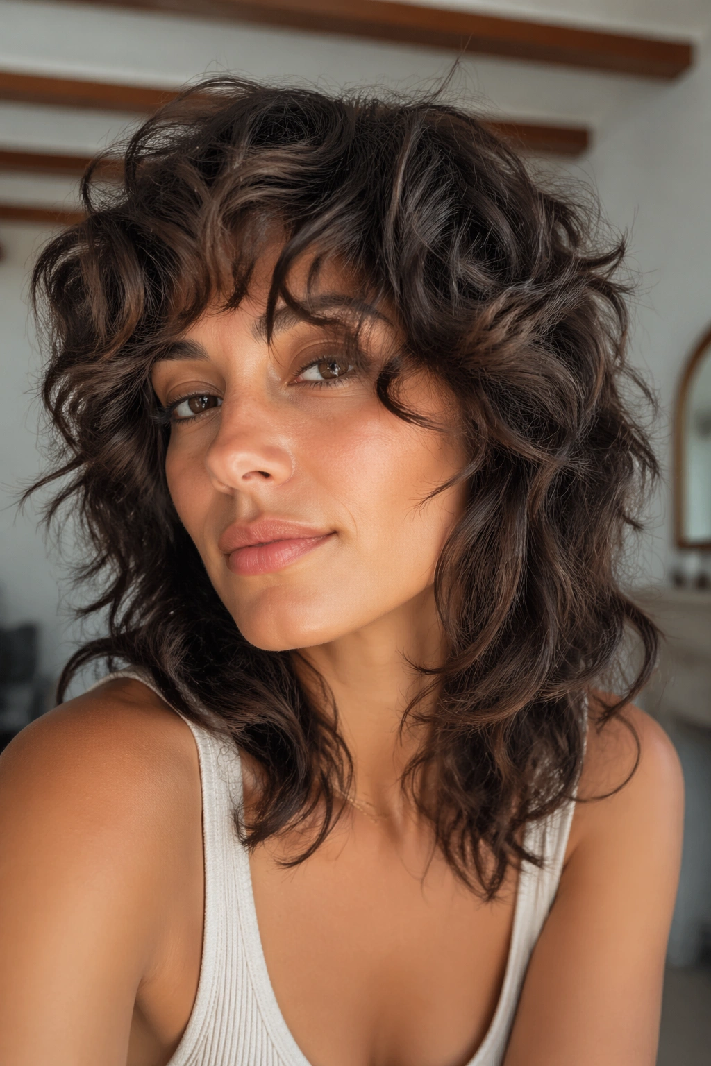 Portrait of a woman with a curly shag hairstyle in soft window light.