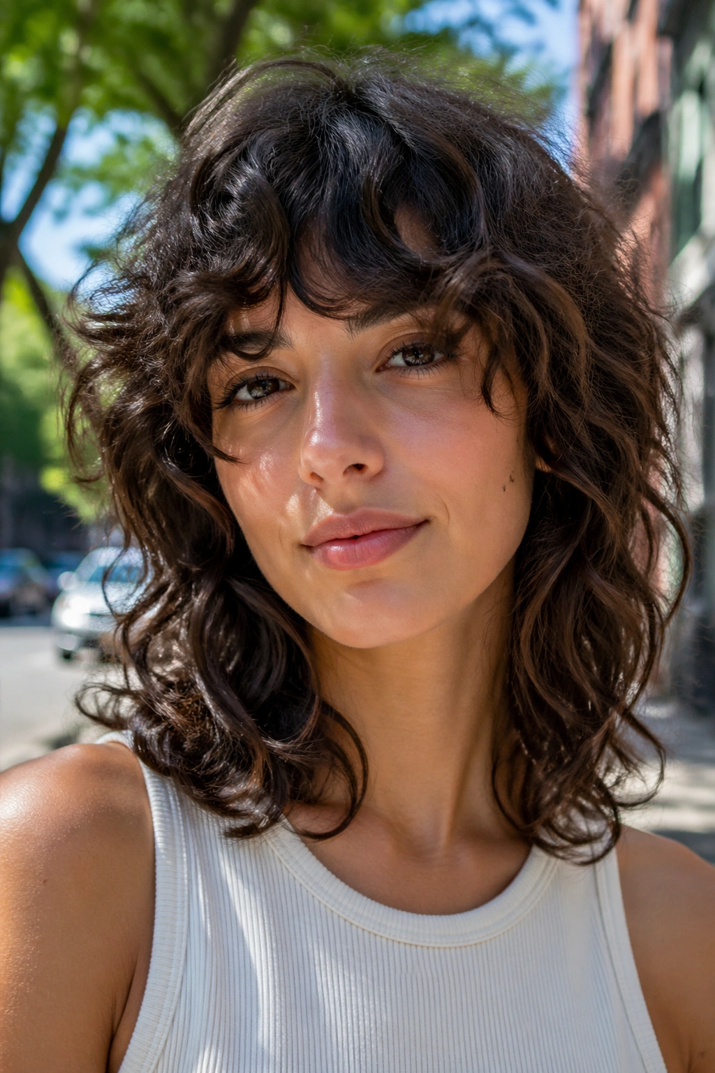 Close-up portrait of a real woman with curly shag hairstyle