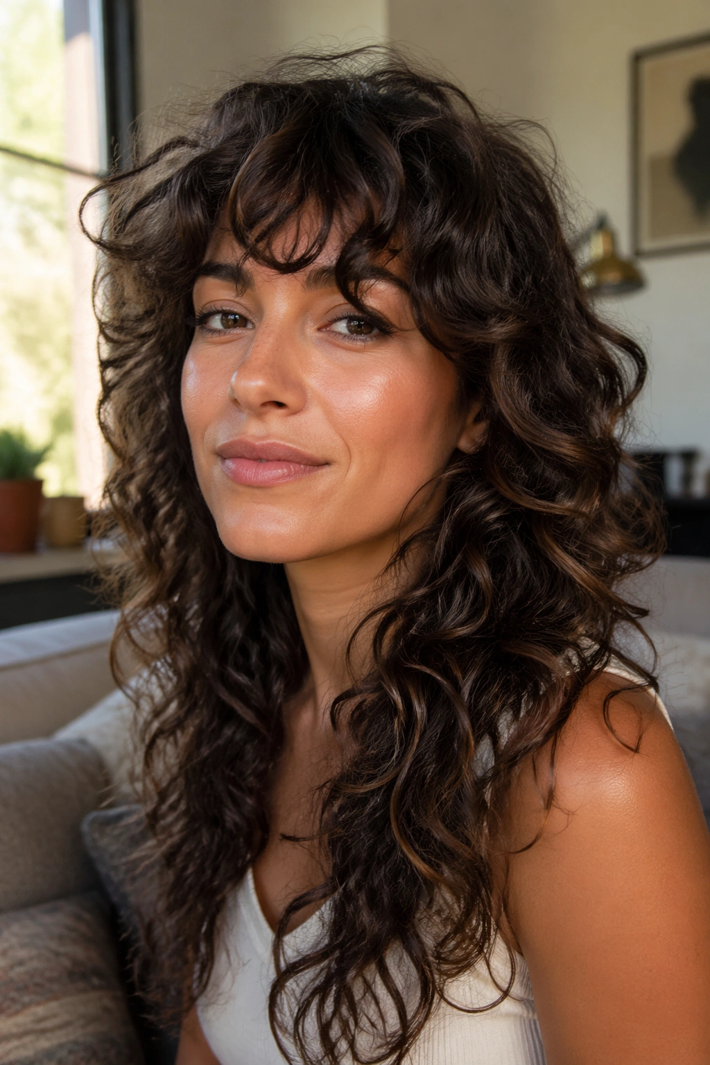 Close-up portrait of a real woman with a curly shag and long length, light crown layers and longer underneath