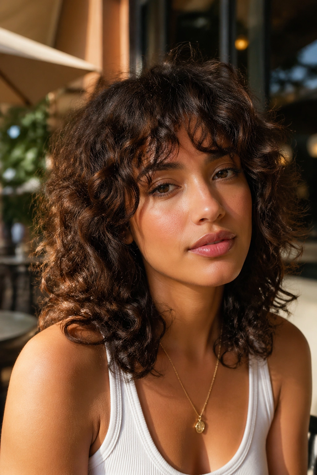 Close-up of a real woman with medium curly shag hairstyle