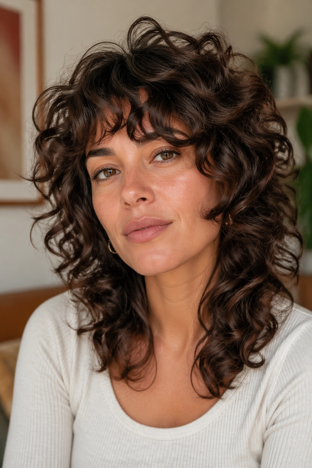 Real woman with curly shag showing movement around face.