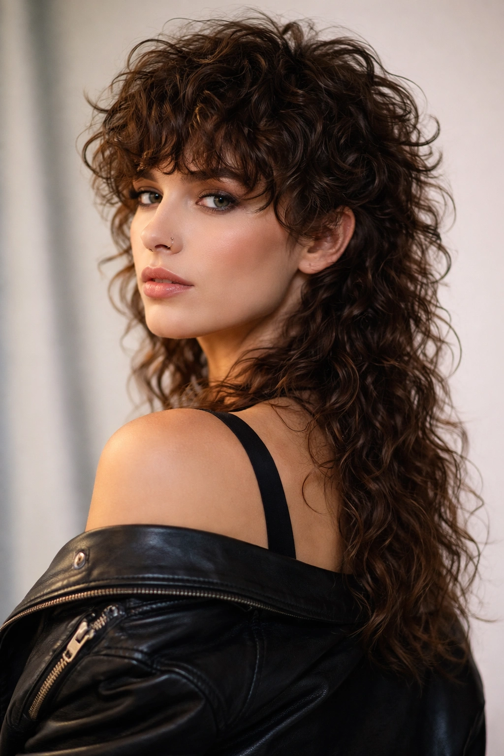Model with curly shag and mullet edge showing front crown shorter and longer back