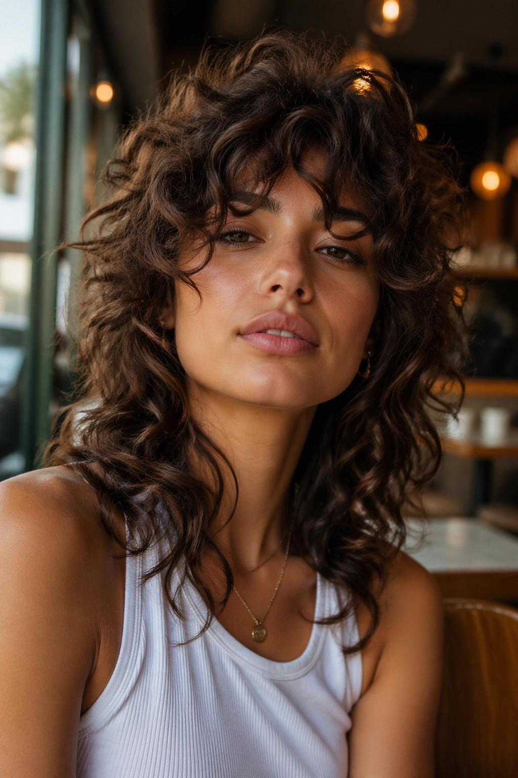 Close-up of a real woman's curly shag hairstyle in cafe lighting