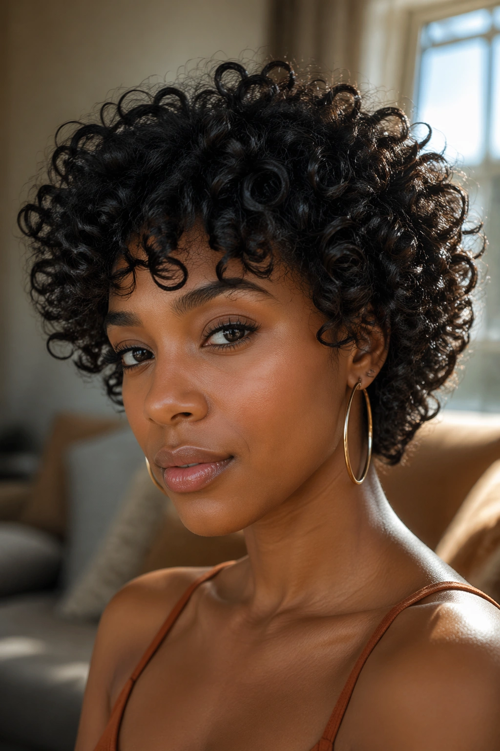 Close-up portrait of a real woman with a curly shag and short layers, hair framing the face