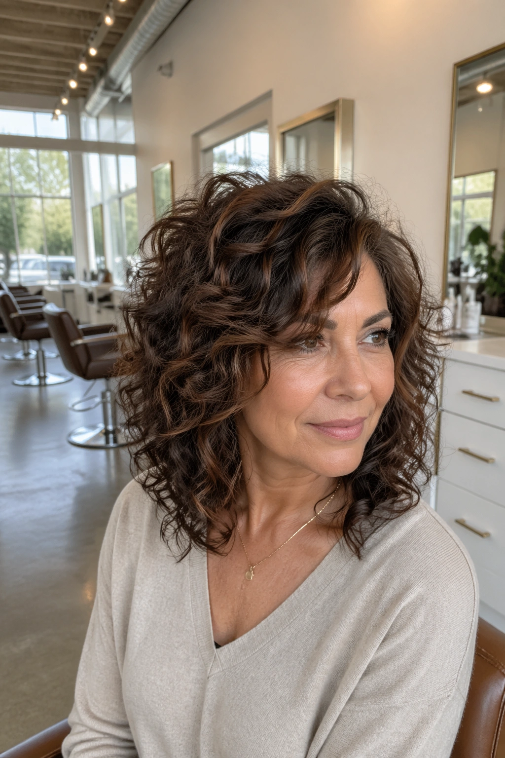 Wide shot of a side-parted curly shag in a bright salon