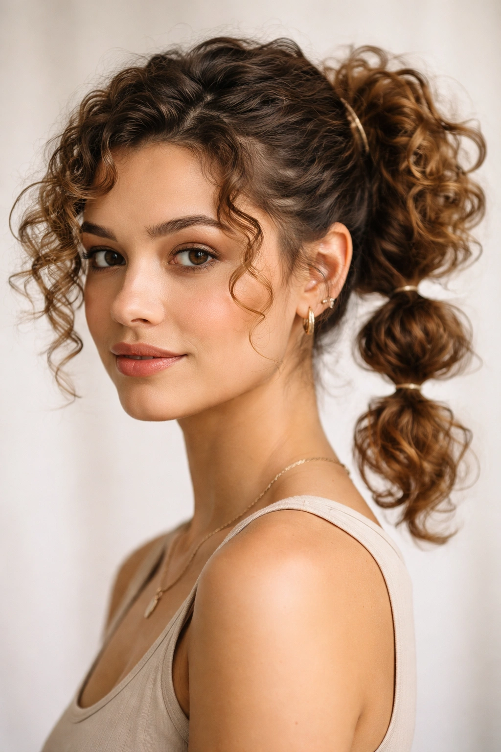 Curly short hair styled into a bubble ponytail with soft bubbles.