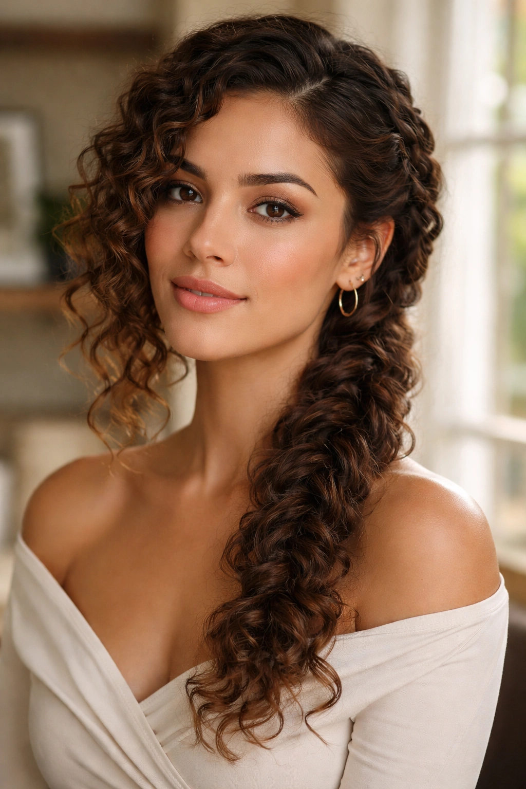 Close-up of a curly side braid ending with loose curls on a real woman