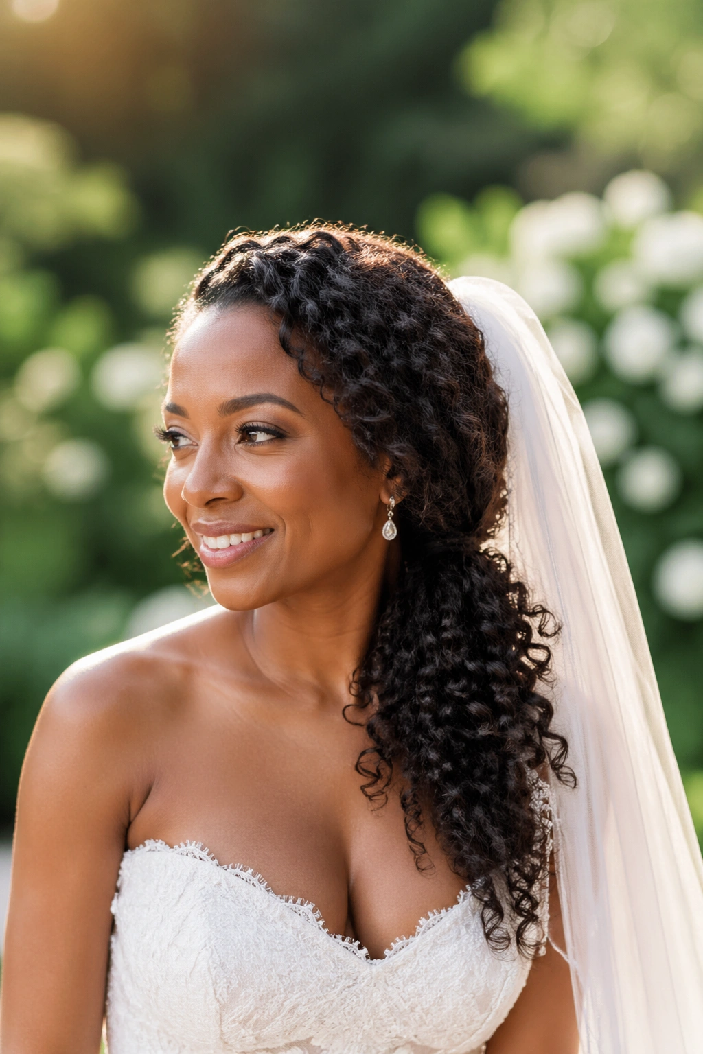 Bride with curly side pony and cascading veil in garden