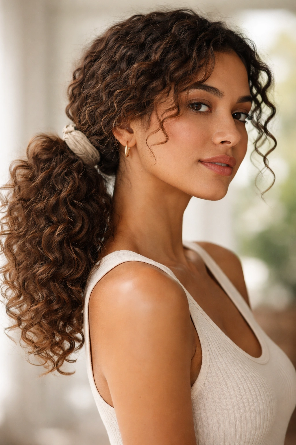Curly side ponytail secured with fabric elastic