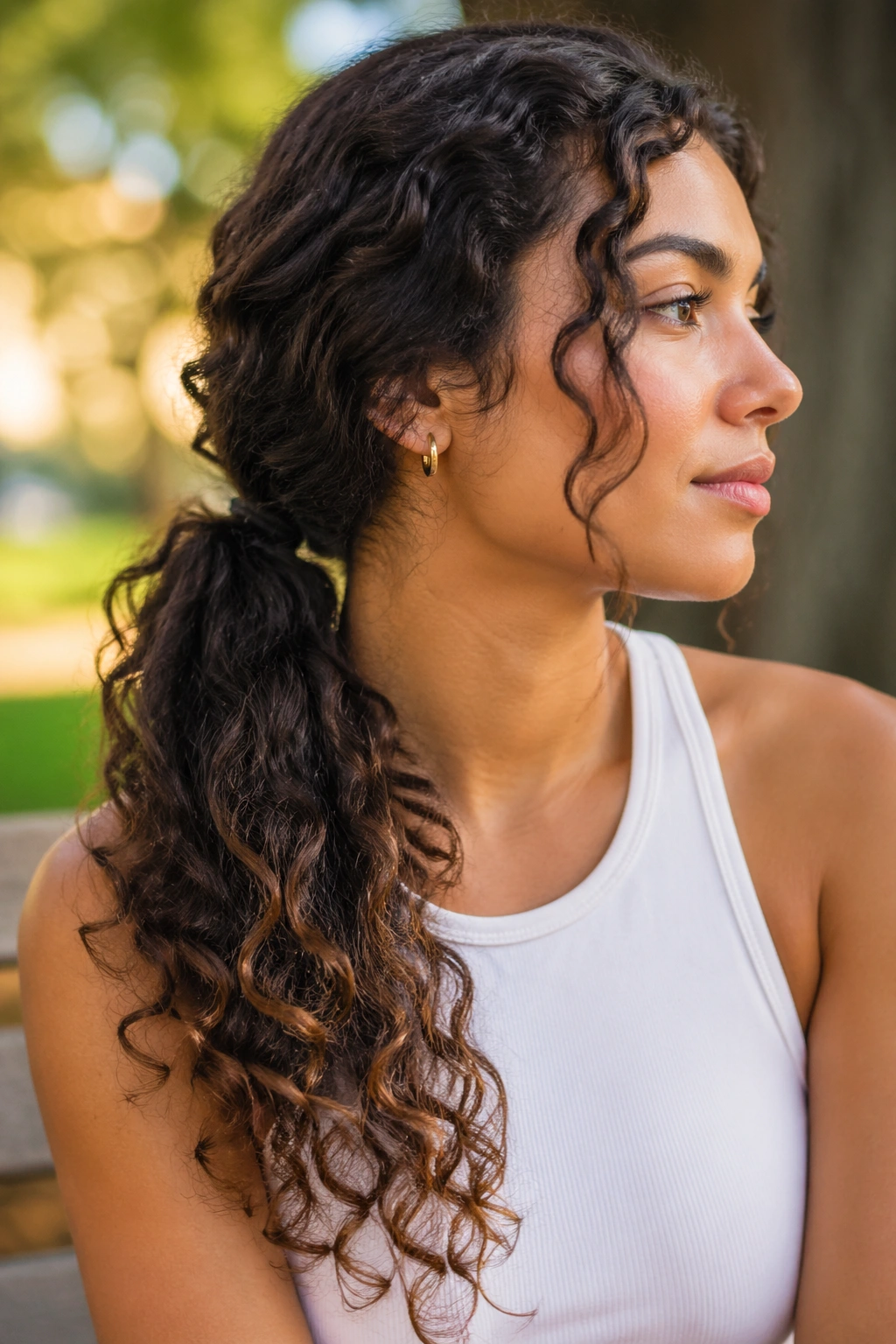 Close-up of a woman with curly side ponytail and scrunched ends in a park setting