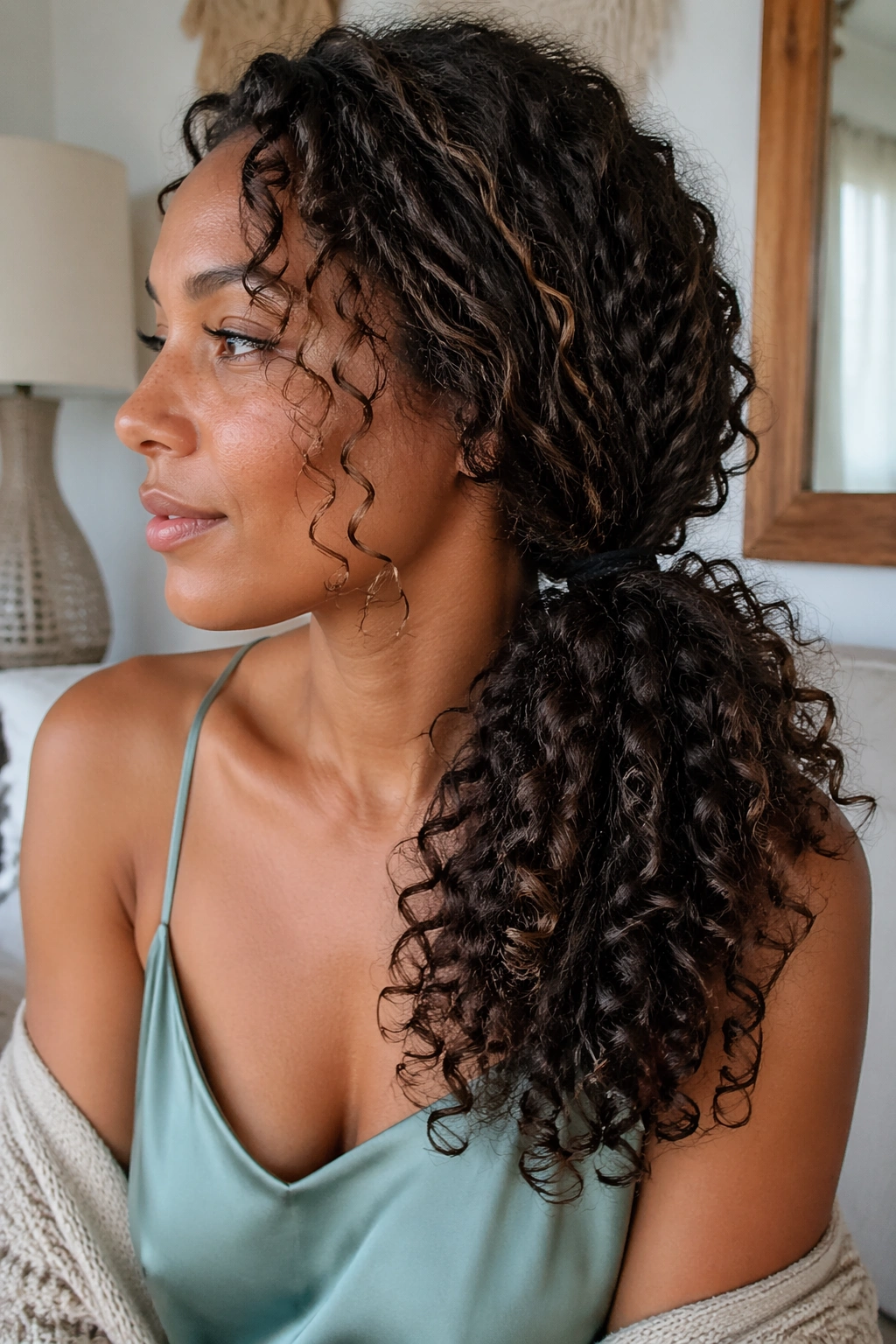 Close-up of curly side ponytail showing natural texture