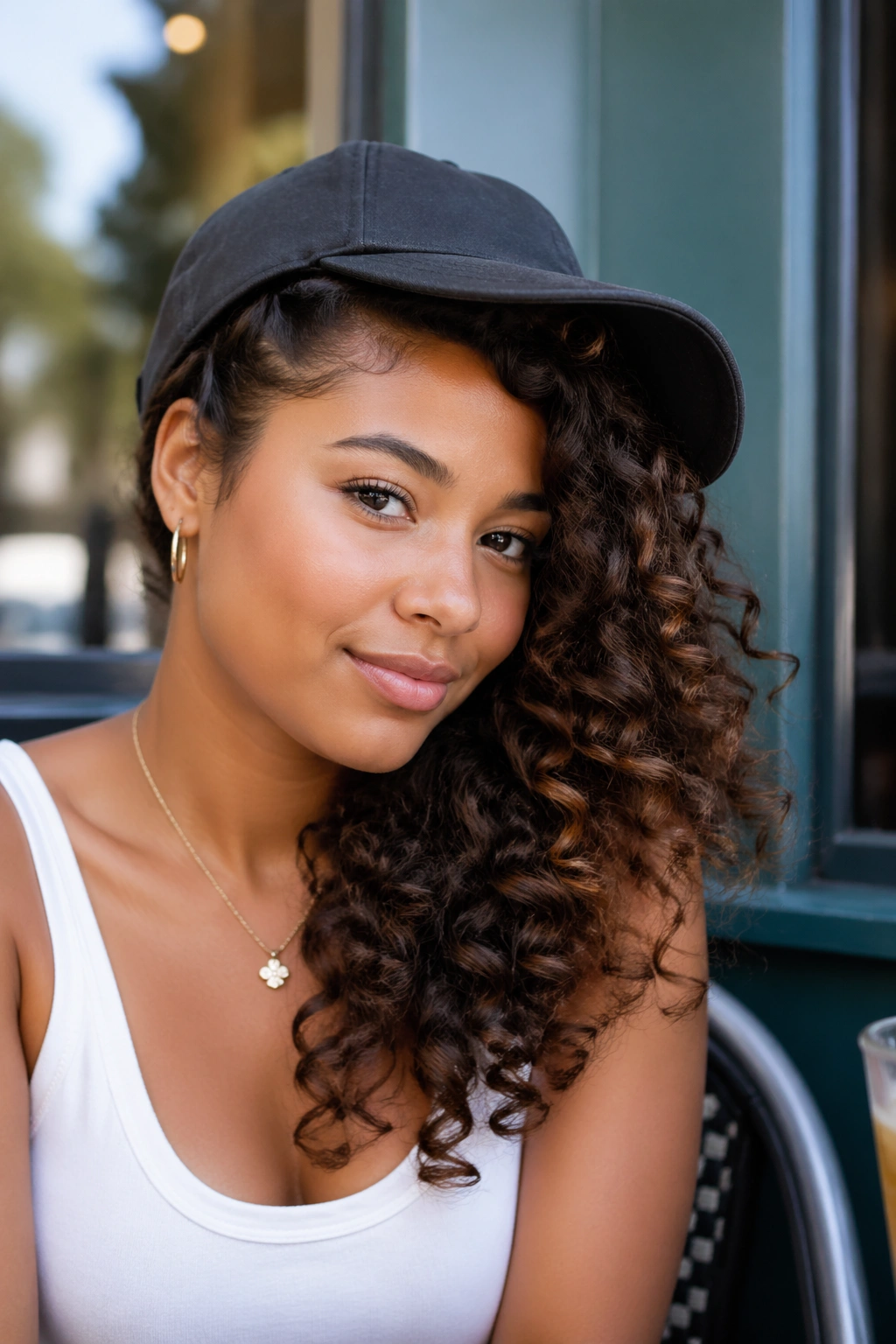 Close-up portrait of a real person with a deep side part and curls swept over the shoulder under a tilted cap.