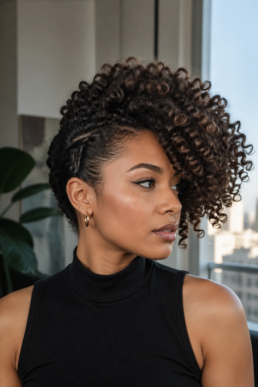 Portrait of a real person with a curly side sweep hairstyle.