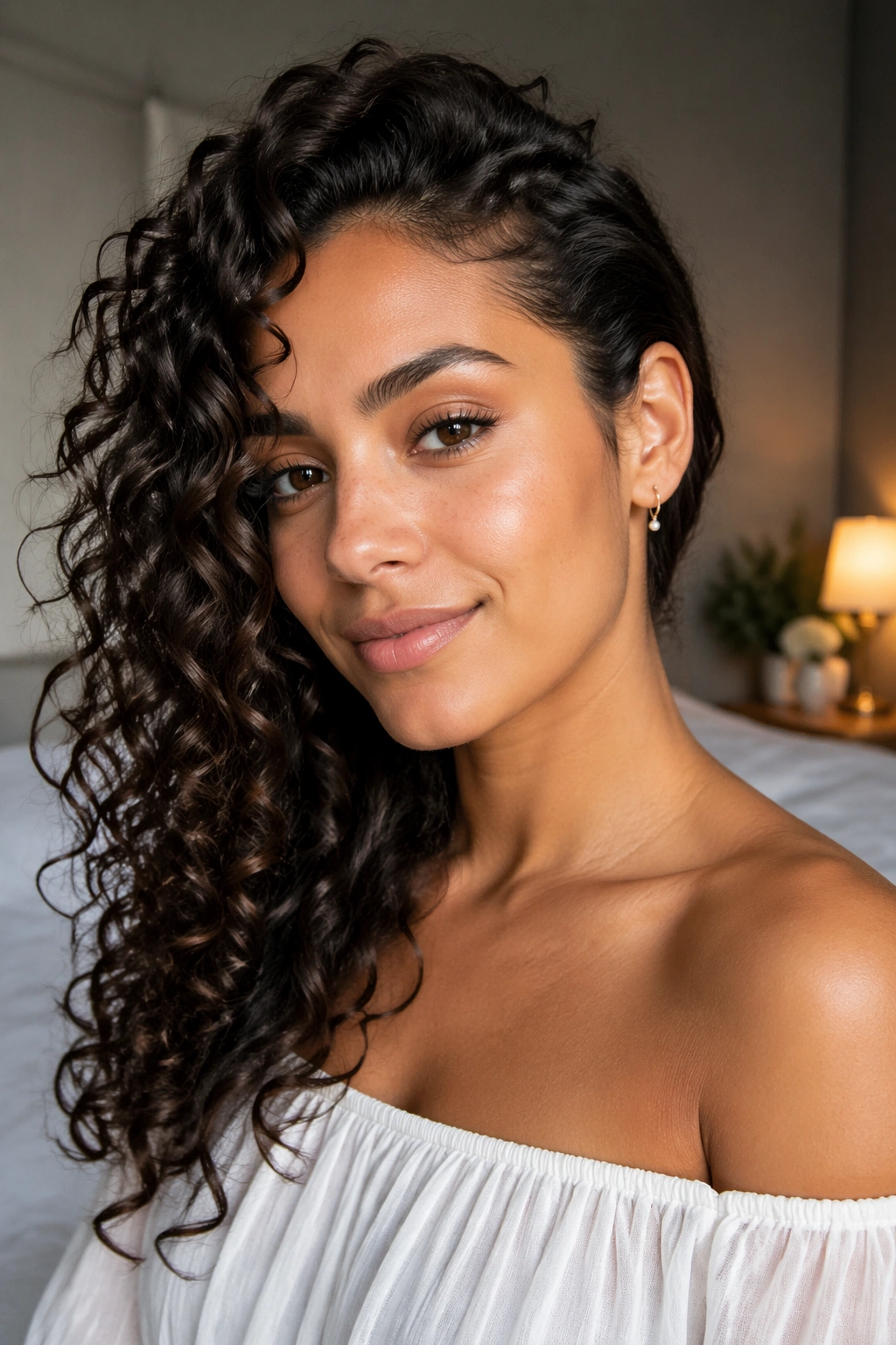 Close-up of a real woman with a curly side sweep and off-the-shoulder neckline.