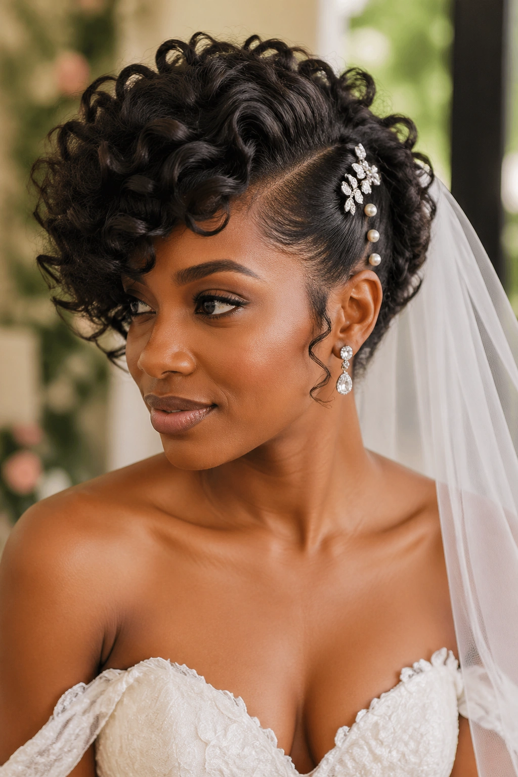 Bride with curly side-swept hairstyle and jeweled pins