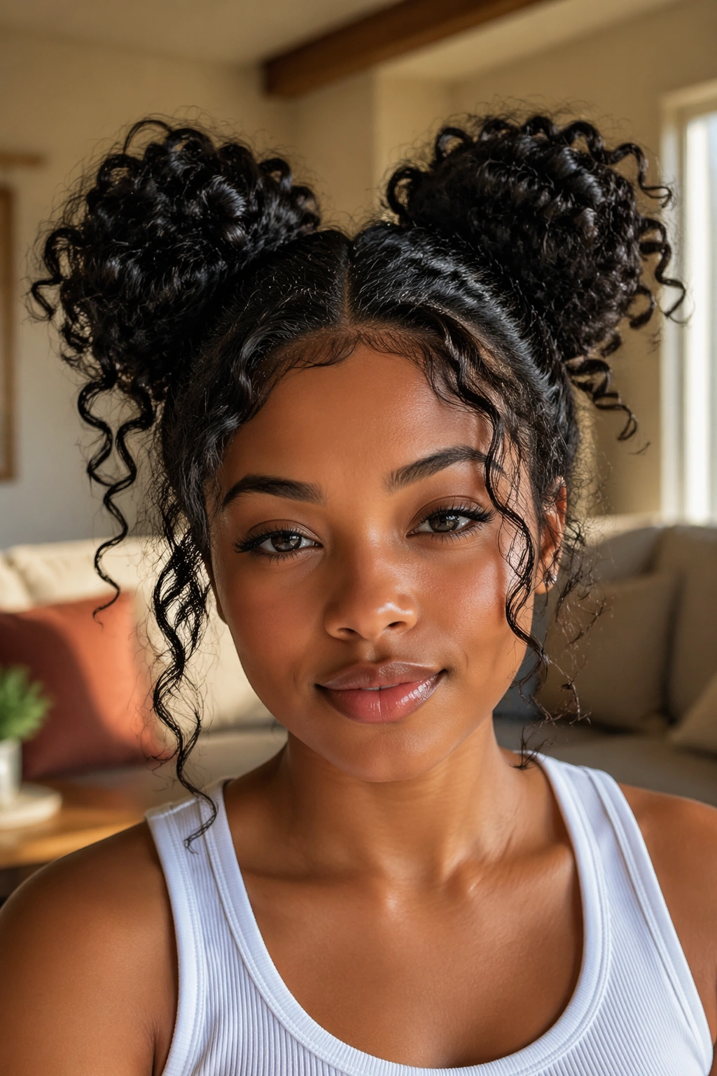 Two high space buns on a real person with loose curls, portrait close-up.