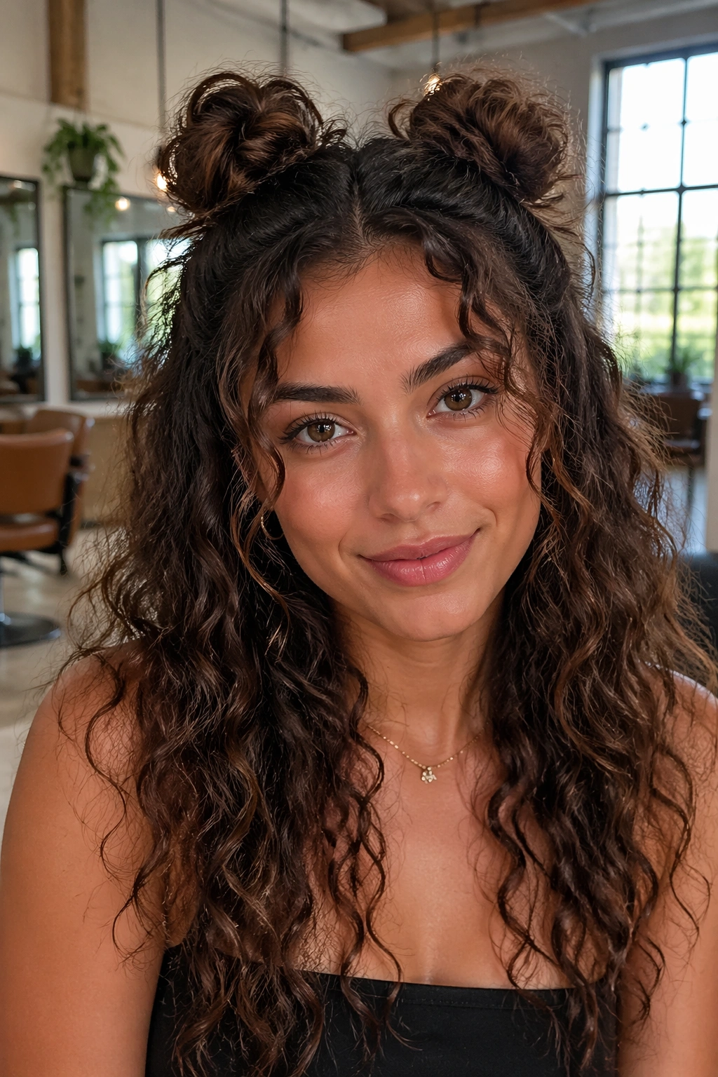 Close-up of a real woman with Curly Space Buns Half-Up with Loose Length, two small buns atop curls.