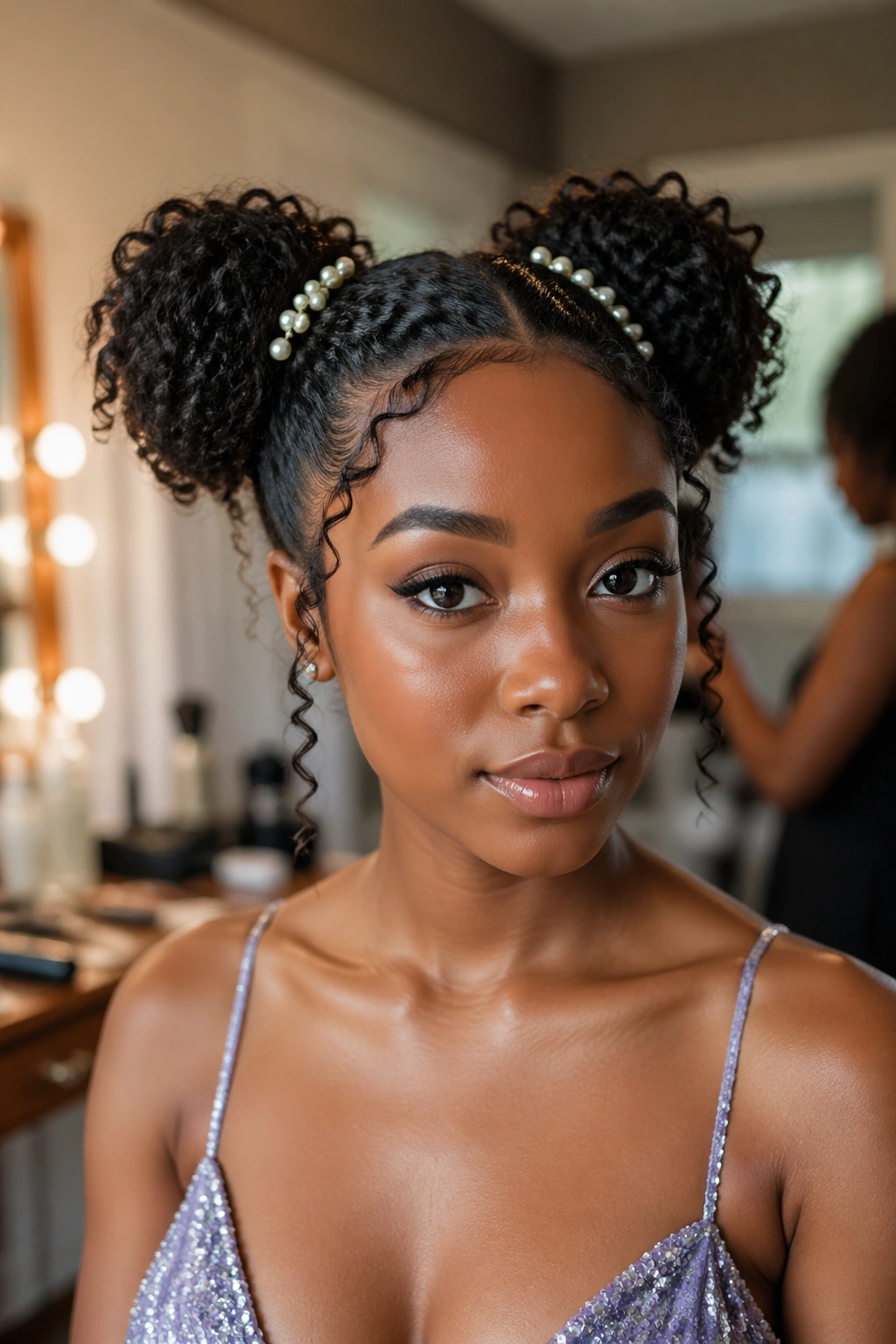 Portrait of a real woman with two curly space buns and pearl clips