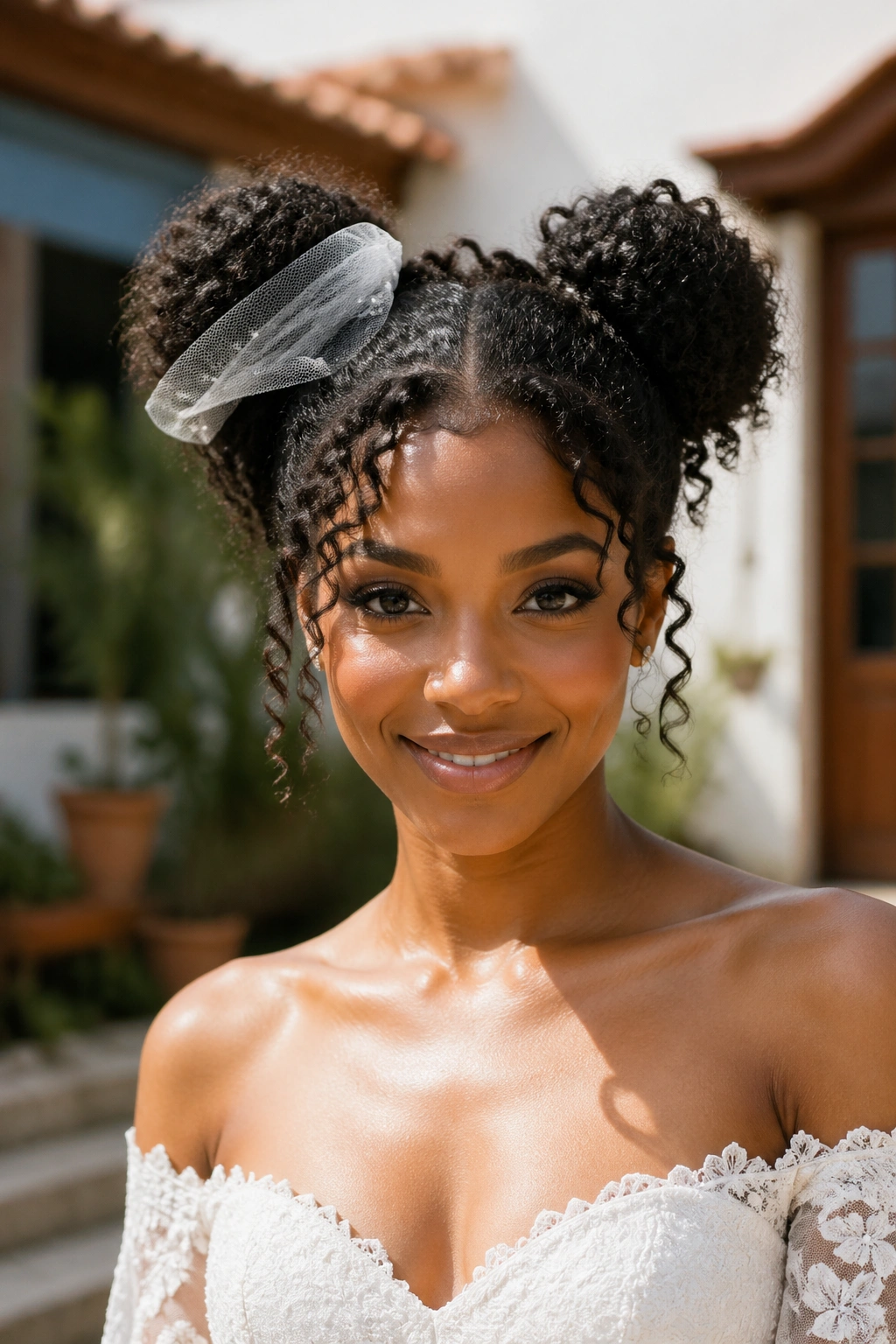 Bride with curly space buns and mini veil in courtyard