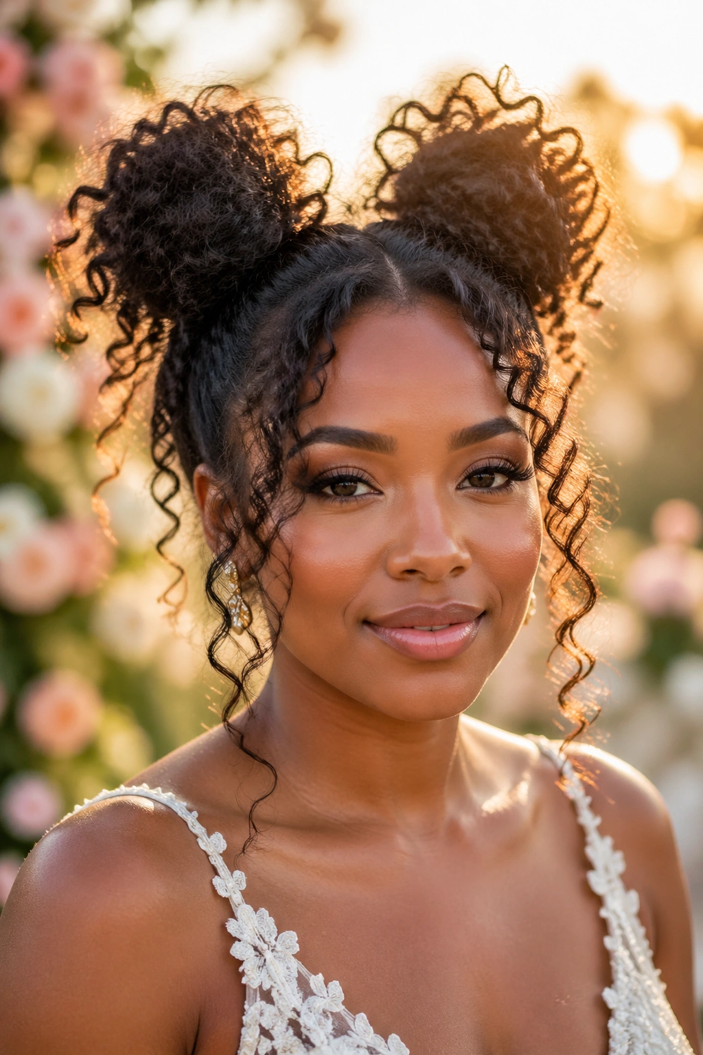 Close-up of a real bride with curly space buns in a garden wedding setting