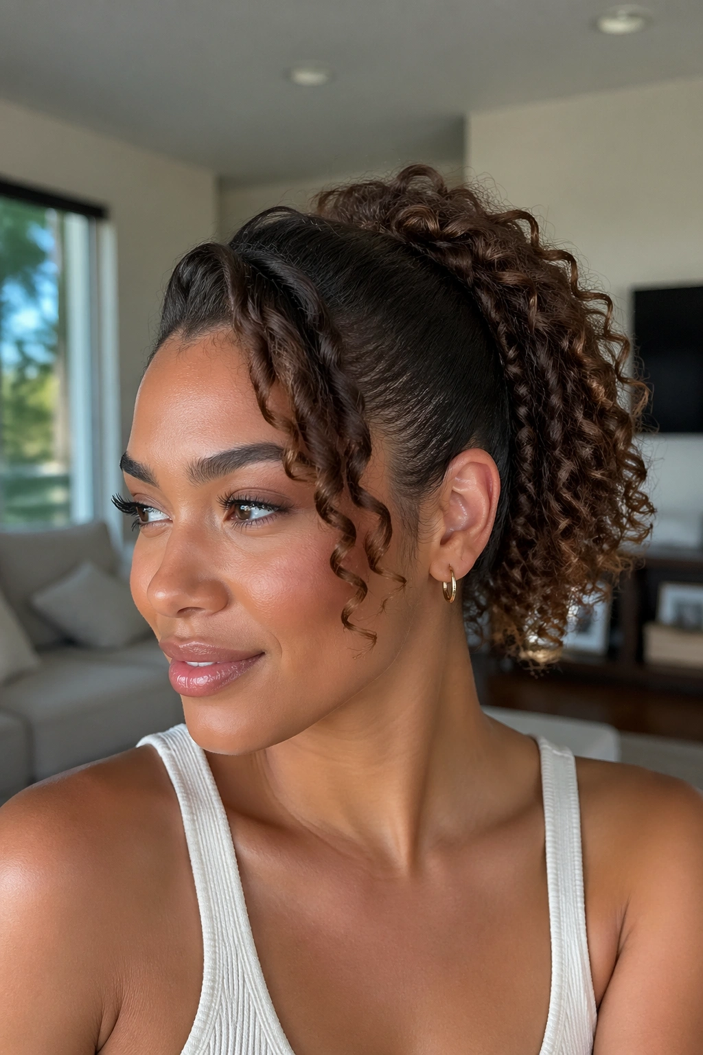 Close-up of a real woman with curly mid swoop ponytail and lifted roots