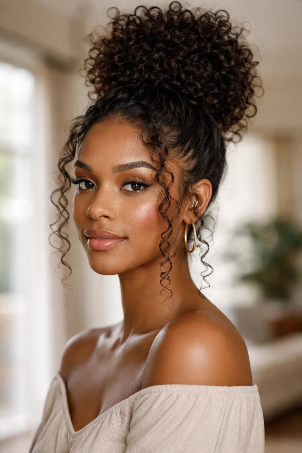 Close-up of a real woman with a high bun and curly tendrils left free