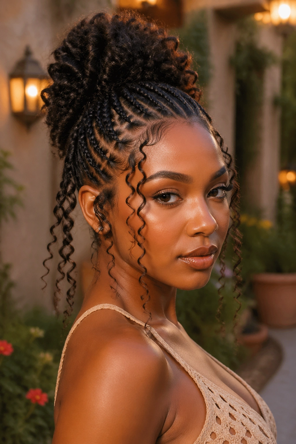 Close-up of a real person with curly tendrils spilling from a crown bun.