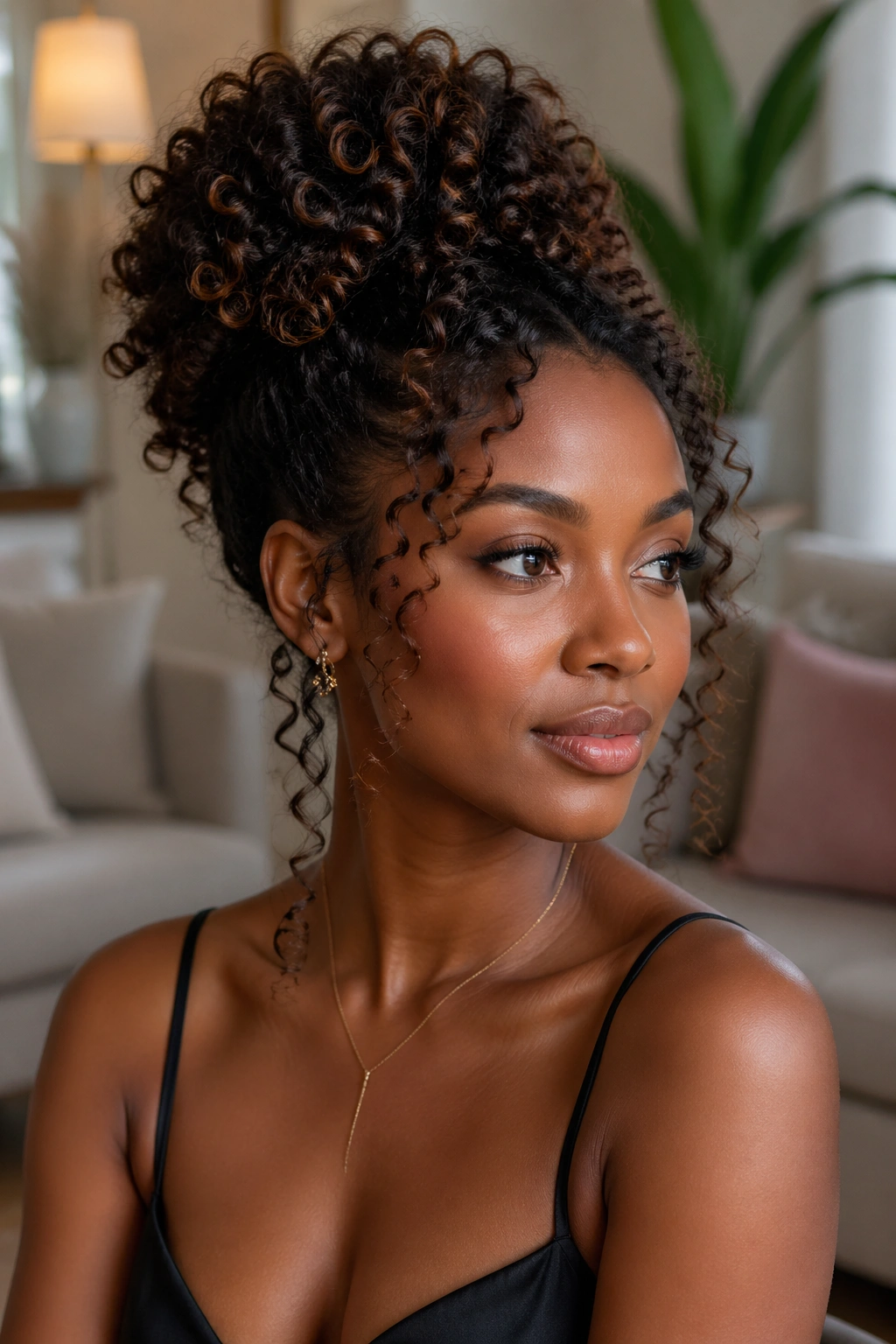 Portrait of a real woman with updo and curling tendrils framing the face
