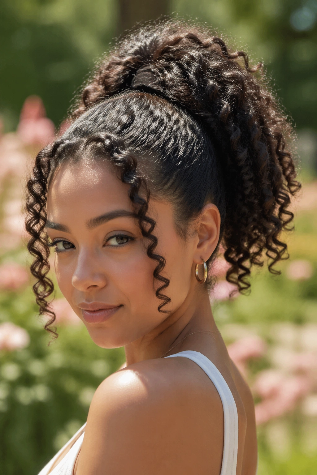Real person with curly texture and high ponytail in a sunlit garden