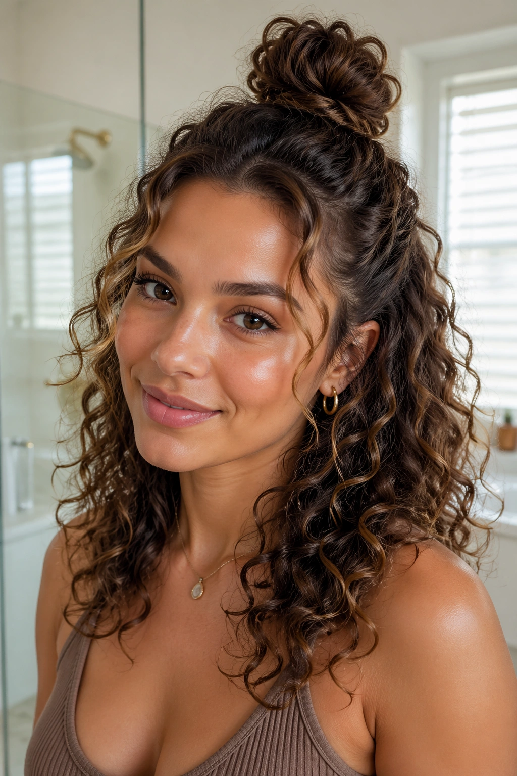 Real woman with curly half-up top knot and soft ends in a bright room