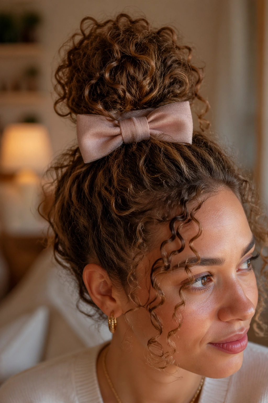 Close-up of a real woman with a curly top knot and bow wrapped around its base