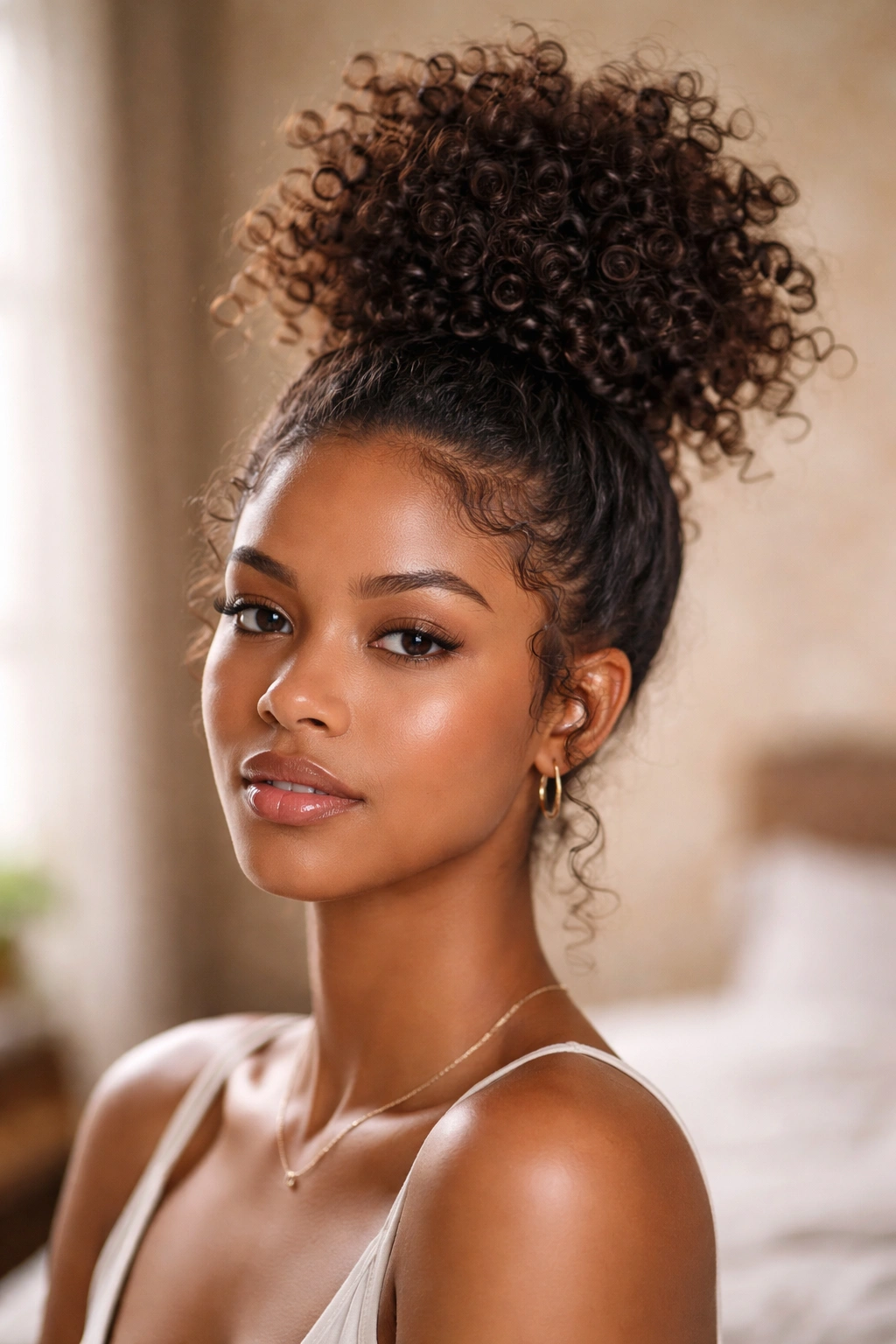 Close-up of a real person with a curly top knot bun and halo curls.