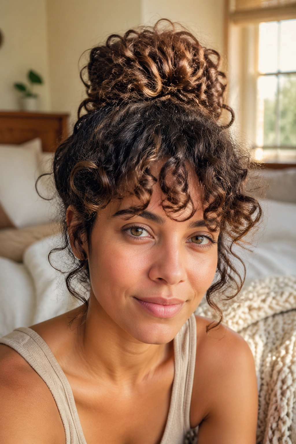 Close-up of a real woman with a high curly topknot and soft curly bangs in sunlit bedroom