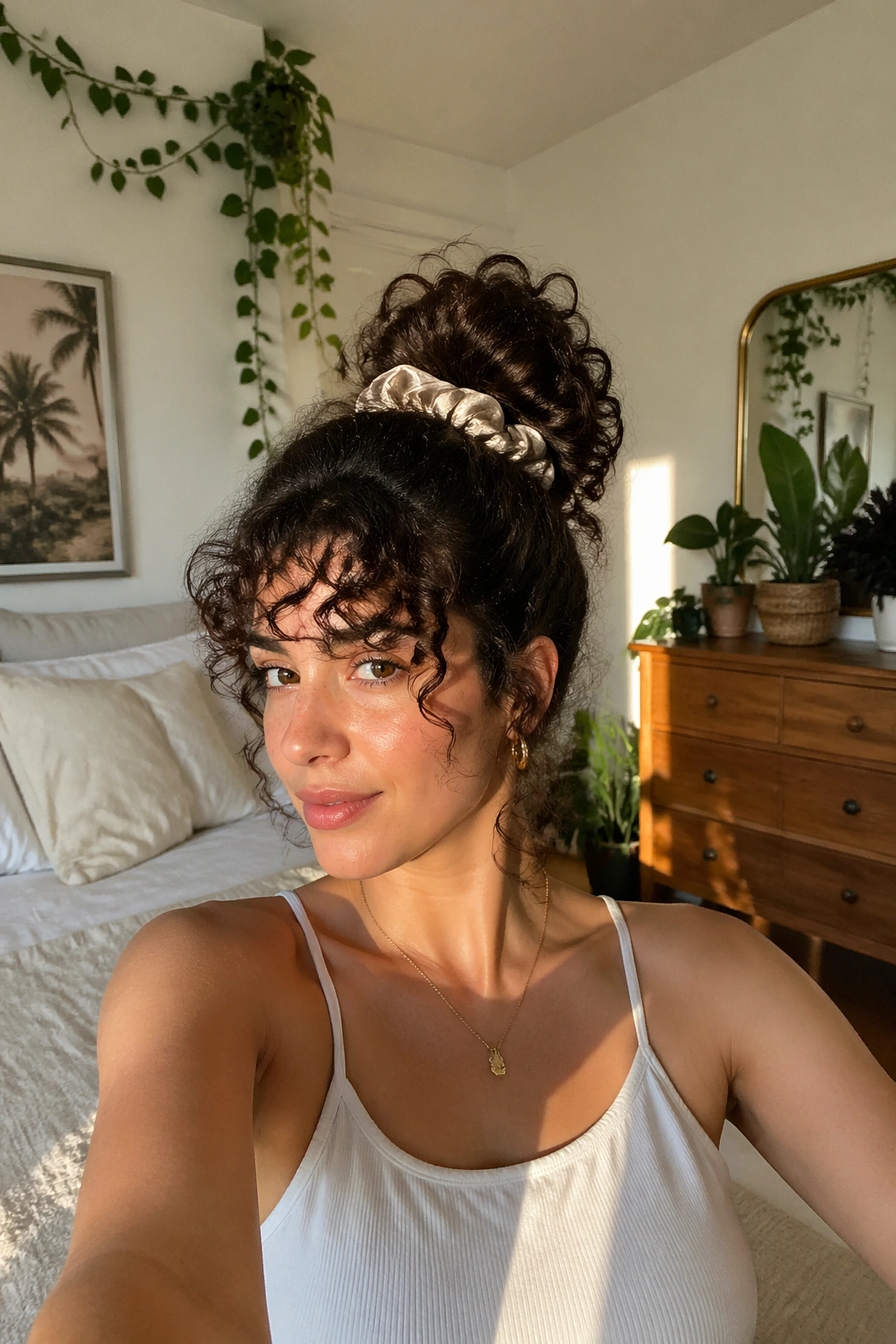 Sunlit bedroom portrait of a curly topknot with soft bangs.