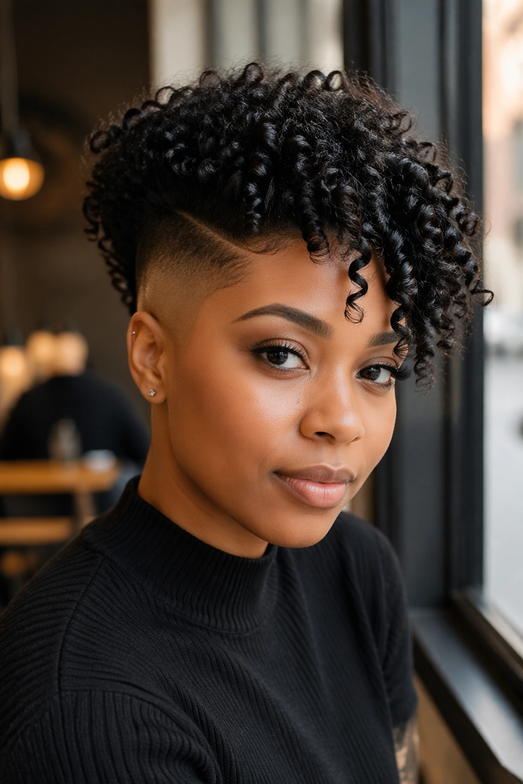 Portrait of a Black woman with curly undercut and defined curls on top