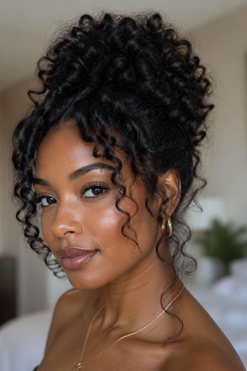 Real person with curly updo and loose face-framing pieces