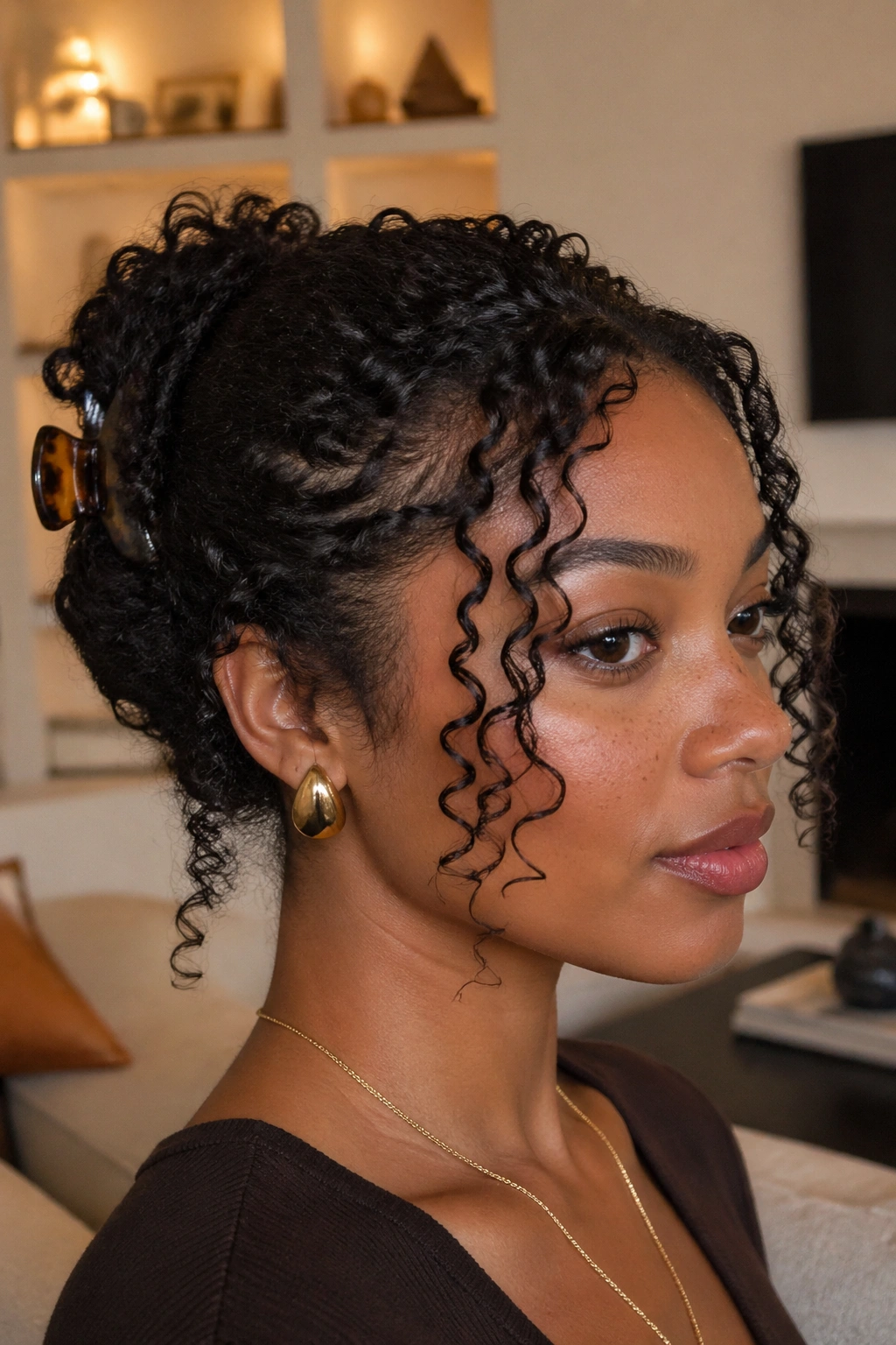 Close-up of a real woman with a curly clip updo and face-framing curls
