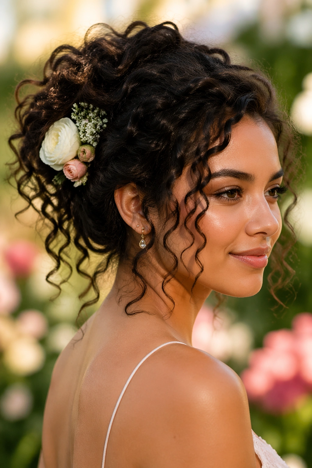 Close-up portrait of a real woman with a floral-embellished curly updo in a garden setting