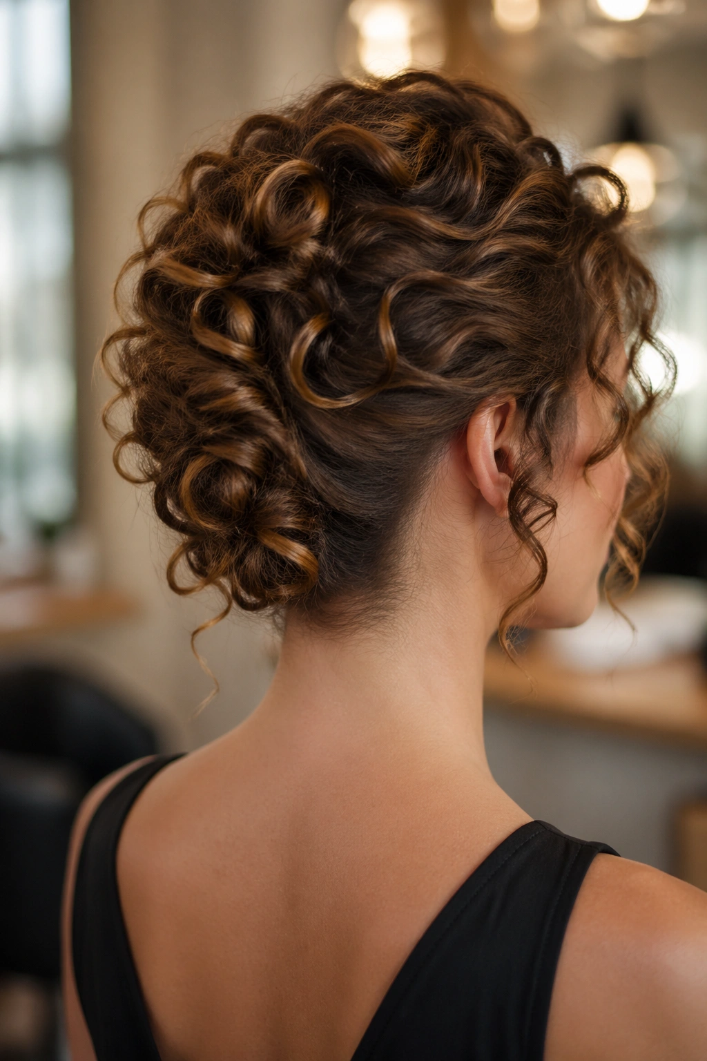 Close-up of a real person with a curly French roll at the nape, textured curls and smooth outer layer