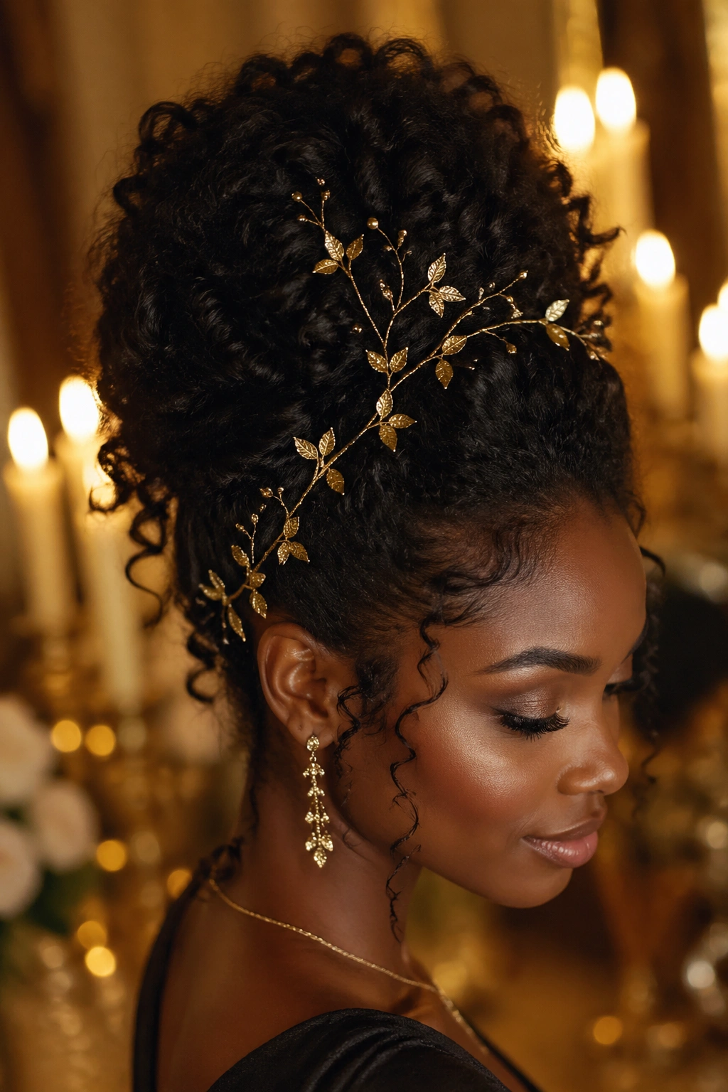 Curly updo with gold vine accessory catching candlelight