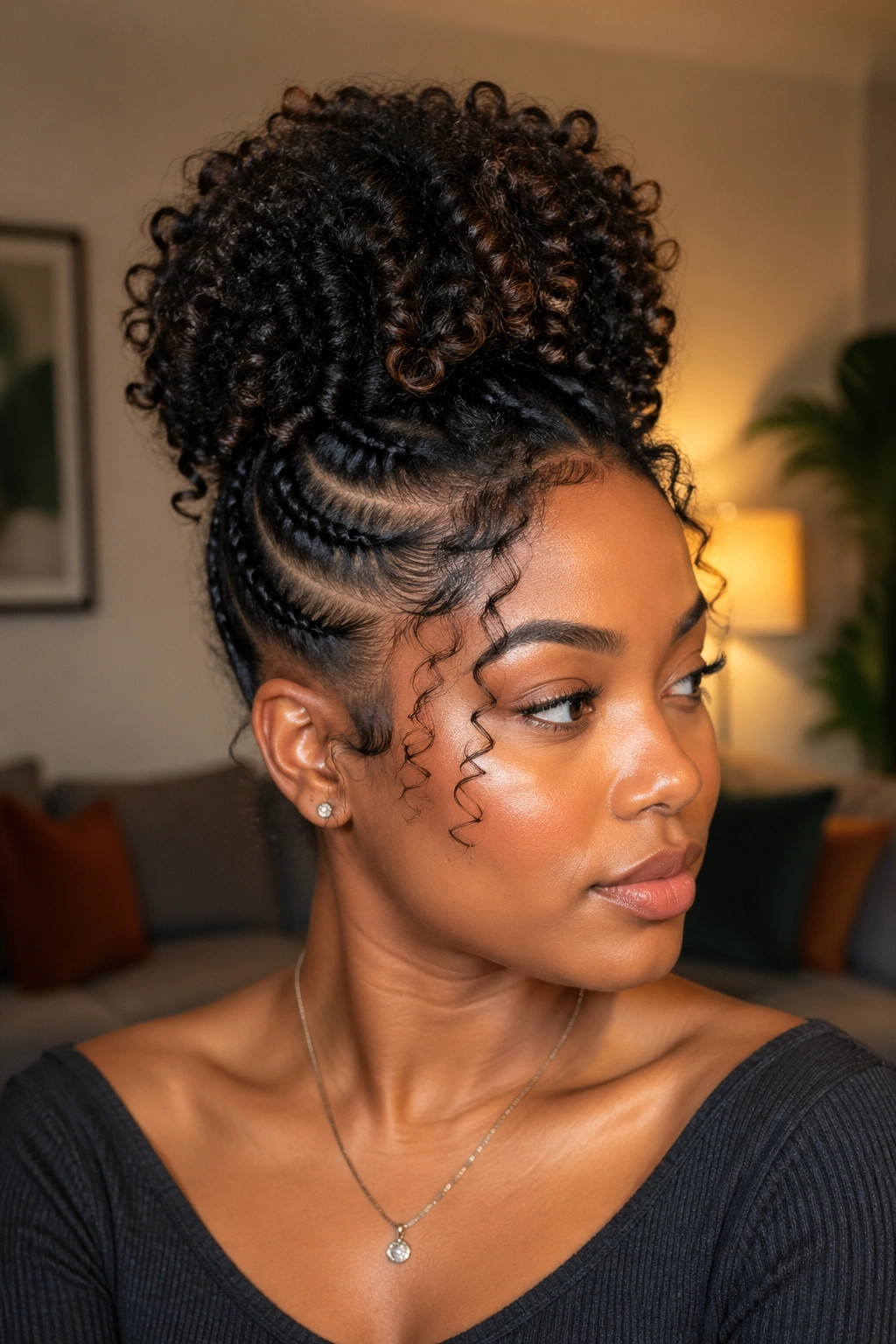 Close-up of a real woman with a structured curly updo highlighting moisture, shape, and finish